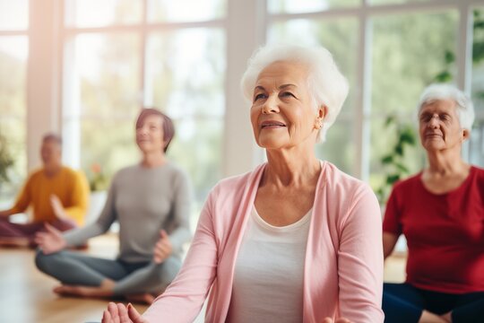 pensioners, old age, elderly people, nursing home, fitness center, sports, yoga, fitness, namaste, relaxation, together, group exercise, lifestyle, active pensioners, woman, meditating, sitting, exerc