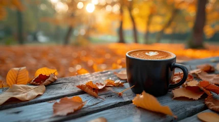  Sleek, black coffee cup on a rustic table among scattered orange and yellow leaves, morning light © Kanisorn