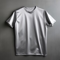 Silver t shirt is seen against a gray wall