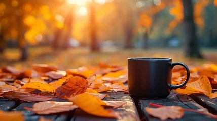 Keuken spatwand met foto Morning light bathes a rustic table, where a sleek black coffee cup sits among scattered orange and yellow leaves © Kanisorn