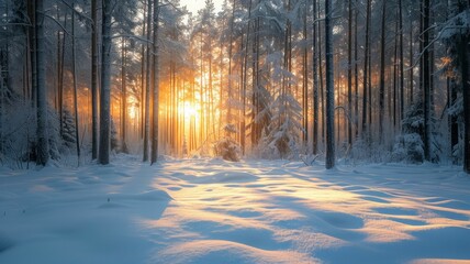 Dawn breaks through the forest, casting light on untouched snow