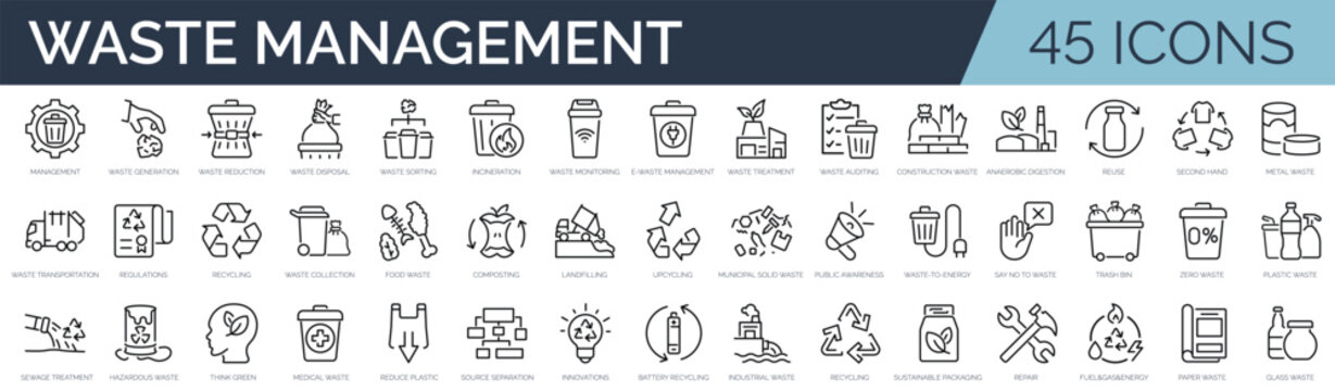 Set of 45 outline icons related to waste management. Linear icon collection. Editable stroke. Vector illustration