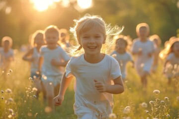 A Group of Children Running Through a Field