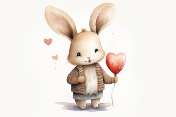 Adorable watercolor rabbit holding a red heart balloon, ideal for Valentine's cards and nursery decor.