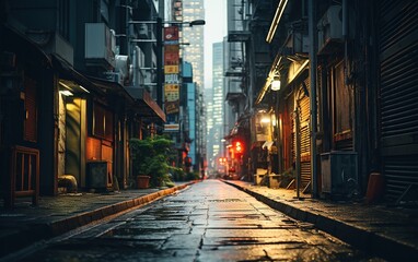 Portrait of an alley in an urban district of Japan at night with a wet street after rain.