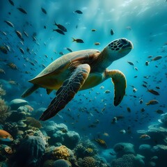 A turtle swims in the ocean surrounded by fish. The water is blue and the turtle is brown.