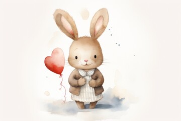Obraz premium Watercolor painting of a cute bunny with a heart-shaped balloon, ideal for Valentine's Day designs and decor.