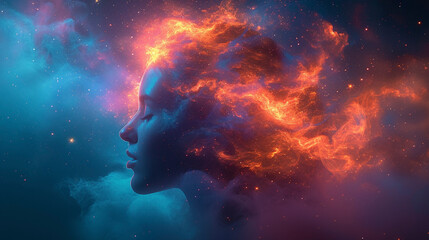 Cosmic Woman Profile with Cloud Nebula

