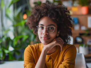 African American woman, Caucasian woman with Curly Hair and Glasses, Thoughtful Expression in a Cozy Indoor Setting