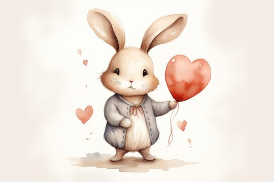 A watercolor illustration of a bunny with large ears holding a shiny red heart balloon, surrounded by floating hearts on a soft background.