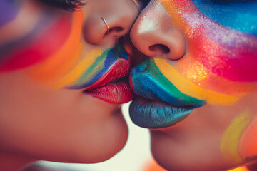 An intimate close-up of two individuals with rainbow-colored paint on their lips and cheeks, almost kissing.