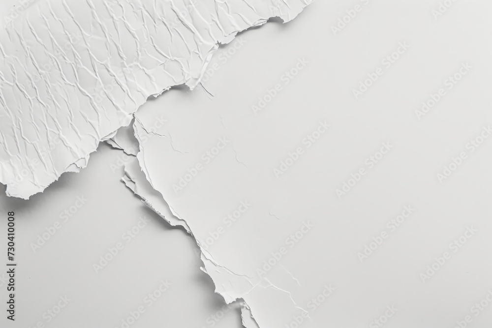 Poster crumpled white paper with smooth areas and textured wrinkles, creating an abstract pattern on a plai