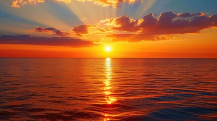 Fototapeta premium Bright landscape with an orange sunrise in the morning, the sky above the sea forms a vertical sunset.