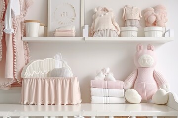 Fototapeta na wymiar A well-organized nursery shelf adorned with plush toys, knitwear, and delicate baby accessories in a gentle color palette