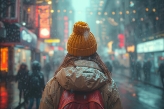 Fototapeta A candid street photograph with AI-applied depth of field, creating a compelling focal point and adding dimension to the scene. Concept of AI-driven street photography. Generative Ai.