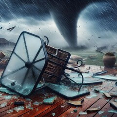 Fototapeta na wymiar A large tornado is seen in the distance, surrounded by heavy rain. It has destroyed a wooden deck and shattered a patio table. A chair is overturned nearby.