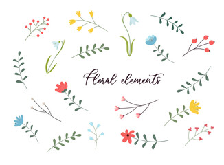 Set of spring hand drawn elements. Floral decor. Flowers, branches, bouquets, watering can, teapot, birdhouse. Spring holidays. Perfect for Valentine's Day, Women's Day, Easter, Mother's Day