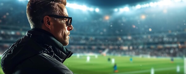 A Man Is Standing In A Stadium Watching A Soccer Game - obrazy, fototapety, plakaty