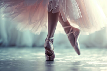 Ballerina legs on pointe shoes closeup. Classic and modern ballet concept. Generative AI