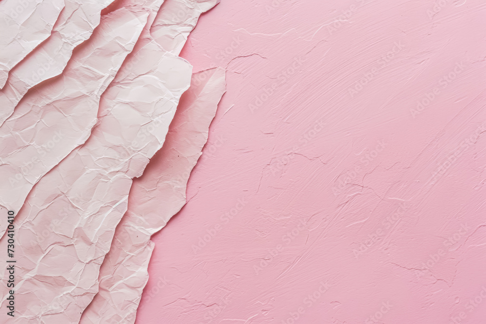Poster textured pink background with diagonal creases of crumpled white paper creating a contrast of smooth