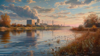 Late afternoon scene with view on riverbank with nuclear reactor Doel