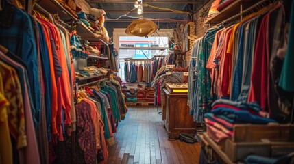 Obraz premium A bustling thrift store interior showcasing a diverse array of vintage clothes and accessories, with warm wooden shelving and a cozy ambiance..