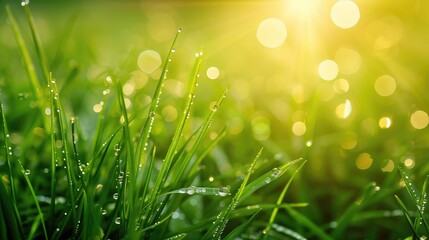 Fototapeta premium Lush green grass on meadow with drops of water dew in shining light