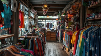 Naklejka premium A bustling thrift store interior showcasing a diverse array of vintage clothes and accessories, with warm wooden shelving and a cozy ambiance..