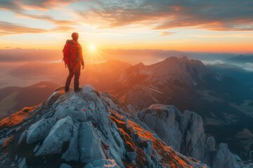 Man Standing on Top of Mountain at Sunset
