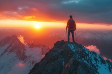Fototapeta premium Man Standing on Top of Snow-Covered Mountain