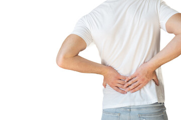 Rear view of a handsome attractive young man holding his back in pain isolated on white background, young man having a lower back pain