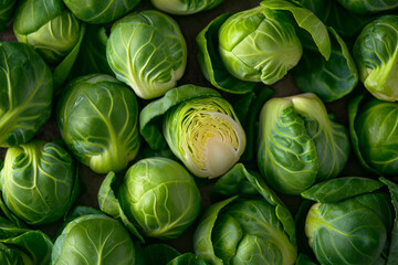 Raw brussels sprouts in farmers market. Organic food background. Generative AI