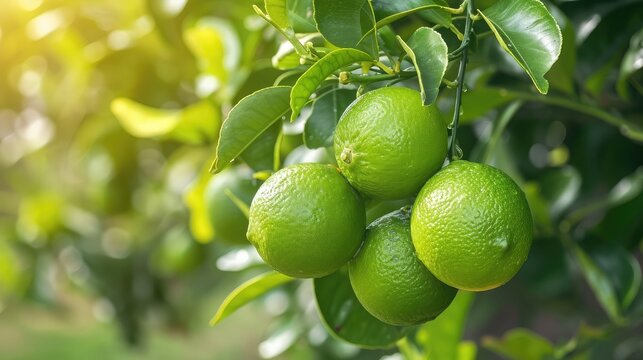 limes tree in the garden are excellent source of vitamin C. Green organic lime citrus fruit hanging on tree