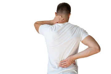 Rear view of a handsome young man in white shirt holding his back and neck in pain isolated on white background, man giving himself a massage on his neck, young man having a back and neck pain