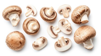Fototapeta na wymiar Set of fresh whole and sliced champignon mushrooms isolated on white background. Top view
