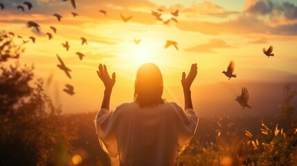 Silhouette Jesus Christ open two hands and palm up with birds flying over autumn sunrise background - obrazy, fototapety, plakaty