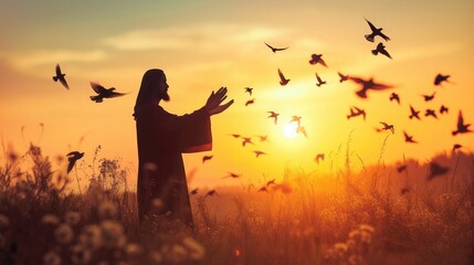 Silhouette Jesus Christ open two hands and palm up with birds flying over autumn sunrise background