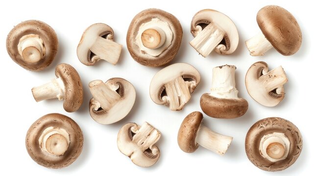 Set of fresh whole and sliced champignon mushrooms isolated on white background. Top view