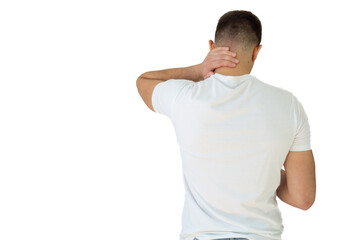 Rear view of a handsome young man in white shirt holding his back and neck in pain isolated on white background, man giving himself a massage on his neck, young man having a back and neck pain