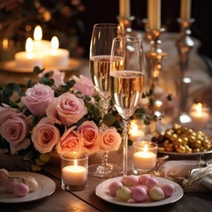 Chic table decor with champagne flutes, candles, and romantic touches in bright colors