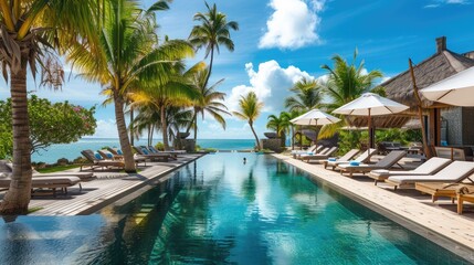 Stunning beachfront resort with pool, sunbeds, and palm trees on a warm, sunny day.
