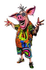 A cartoon pig dressed in a colorful outfit