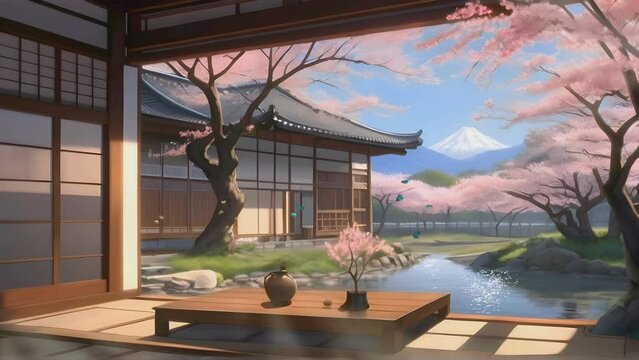 traditional japanese home court with beautiful view of cherry blossom trees and mountains, seamless looping 4K virtual video animation background