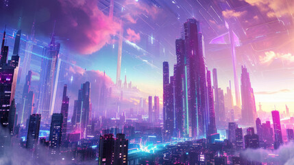 Futuristic city skyline at dusk with neon lights. Science fiction setting. - obrazy, fototapety, plakaty