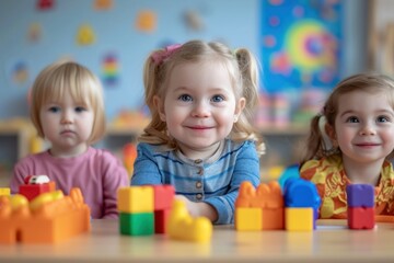 Three Little Girls Sitting at a Table Playing With Blocks