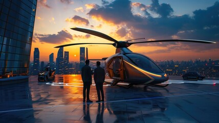 Passengers boarding an aerotaxi at a high-tech urban helipad, symbolizing the convenience and efficiency of air travel