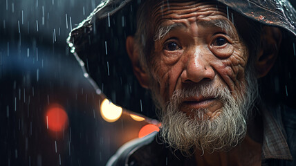 雨に濡れるアジア人高齢男性 - obrazy, fototapety, plakaty