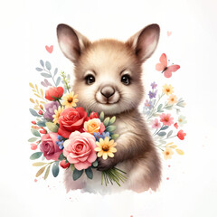 Fototapeta na wymiar Cute wallaby with flowers. Watercolor illustration for greeting cards and children's decor, stickers, nursery art. For Birthday, Valentine's Day and Mother’s day cards and invitations. 