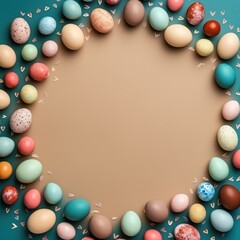 Tan background with colorful easter eggs round frame texture 