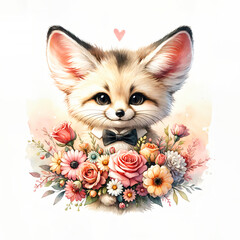 Cute fennec fox with flowers. Watercolor illustration for greeting cards and children's decor, stickers, nursery art. For Birthday, Valentine's Day and Mother’s day cards and invitations. 